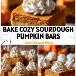 Golden sourdough pumpkin pie bars topped with creamy pumpkin filling on a rustic fall table.